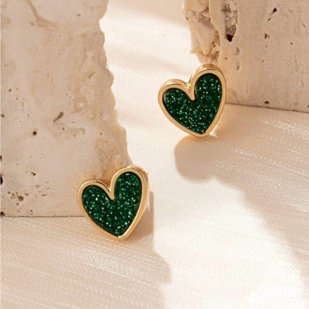 Green Heart-Shaped Stud Earrings